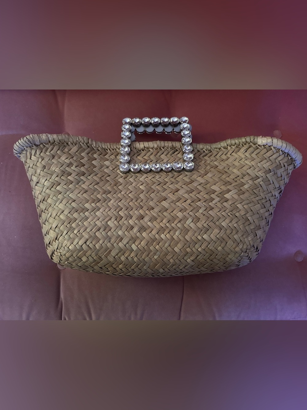 NEW Woven Straw Tote with Crystal Square Handle - Natural - Picture 2 of 4
